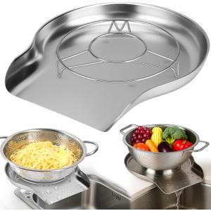 Palksky Colander and Strainer Self Drainer Base Plate Stainless Steel for Kitchen, Metal Countertop Draining Tray for Pasta Rice Noodle Fruit Veggie Food Strainer & Ceramic Colander