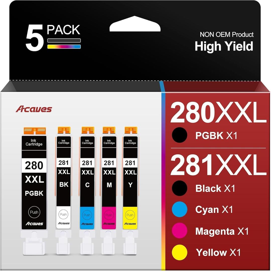 280XXL 281XXL Ink Cartridges High Page Yield (5-Pack) Compatible for Canon PGI-280XXL CLI-281XXL Ink 280 281 Ink Cartridges Work with TR8620a TR8620 TR8520 TR8600 TS9521C TR7520 Printer, PGBK BK C M Y
