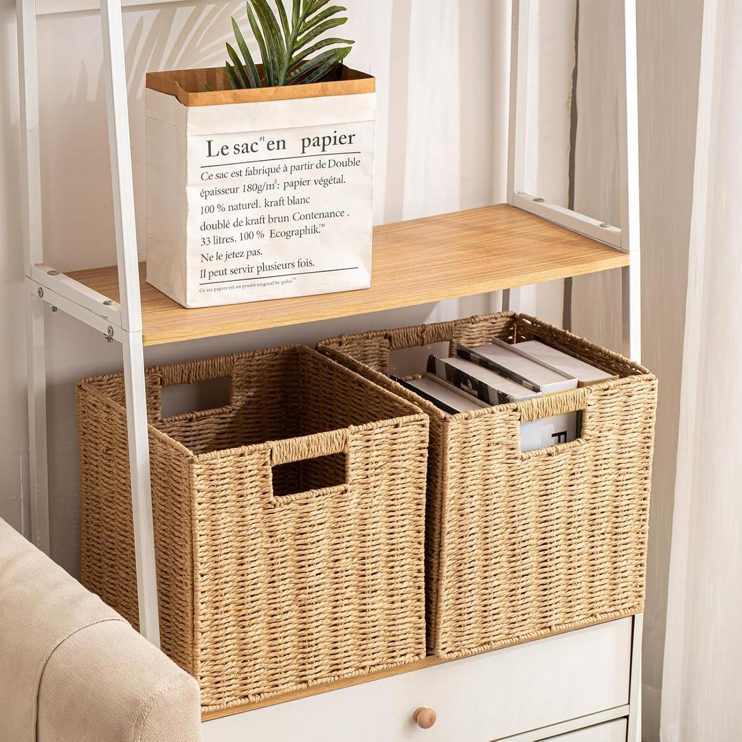 Foldable Storage Baskets with Handles Paper Rope Storage Baskets Rectangle Collapsible Hand Woven Storage Cubes Bins for Organizing Shelves Living Room Bedroom Pantry (2, 11'' x 11'' x 11'')