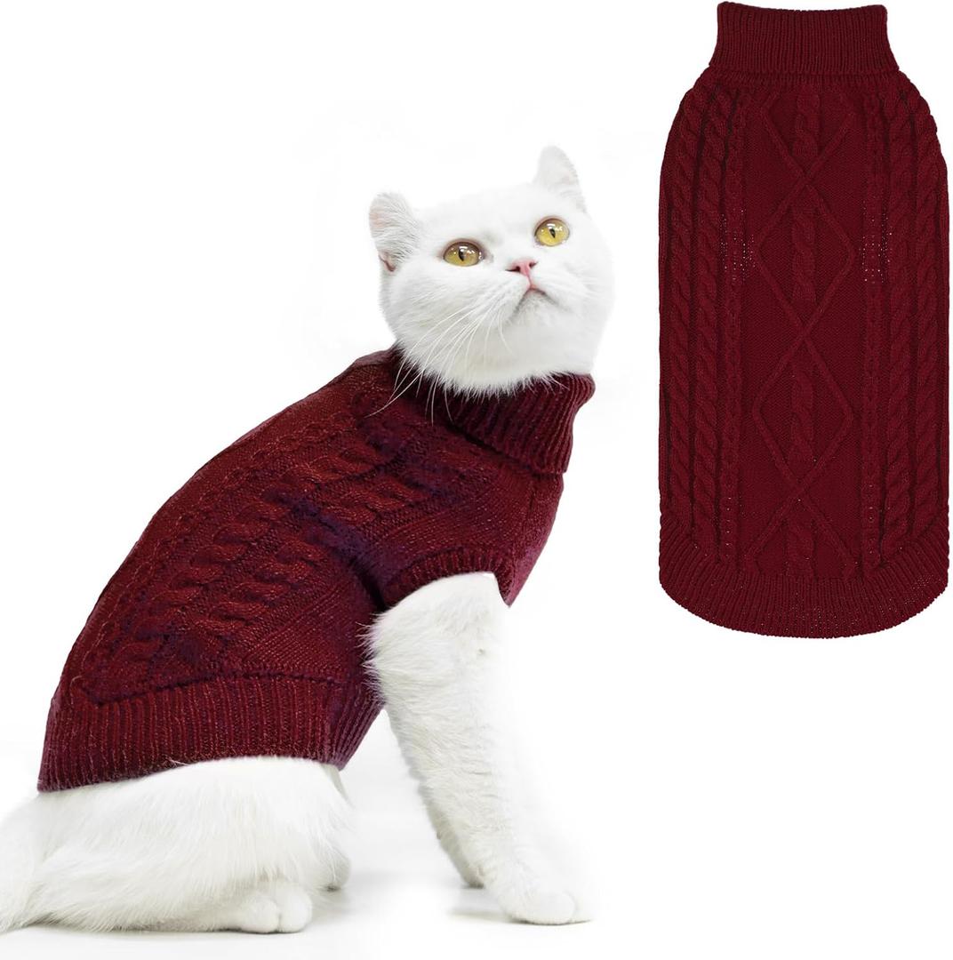 PUPTECK Winter Cat Sweater Coat - Soft Warm Cold Weather Clothes Knitwear for Kittens & Small Dogs Indoor Outdoor Wearing, Knitted Classic for Doggies Kitties Girls Boys, Red, M