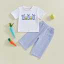 Toddler Bay Boy Girl Easter Clothes Bunny Embroidery Short Sleeve T-Shirt Tops Plaid Jogger Pants Set Spring Outfit (Blue)