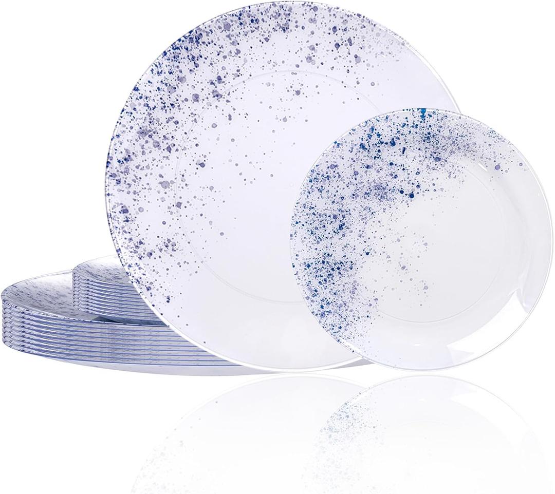 U-QE 20Pcs Blue Plastic Plates - Plastic Plates Disposable Heavy Duty, Fancy Indigo Speckle Pattern Perfect for Weddings, Tea Parties, Holidays - 10.25" Dinner & 7.5" Dessert