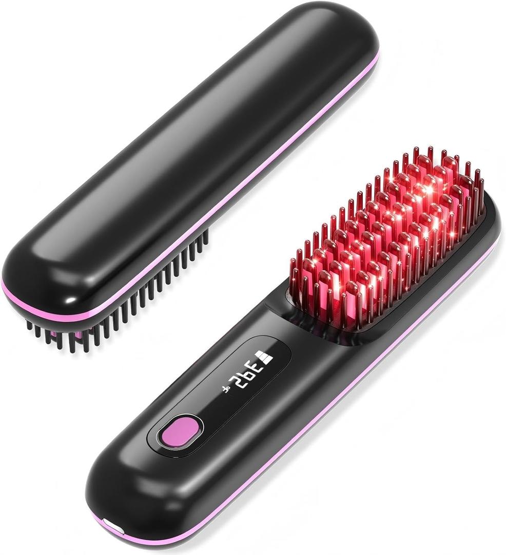 Go Brush Pro Portable Cordless Hair Straightener Brush for Travel, 30s Fast Heat for Instant On-the-Go Styling, 3 Adjustable Temperature Settings for All Hair Types,Midnight Black