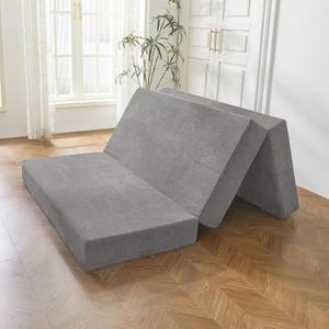 BYBYME Tri-Folding Corduroy Mattress, 6 Inches Gel Folding Mattress Topper, Foldable Soft Guest Bed Camping Pad, Washable Cover (Grey, Twin)