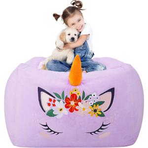 Aubliss Unicorn Stuffed Animal Storage Bean Bag Chair for Kids, Velvet Extra Soft Beanbag Chairs Cover, X-Large Stuffable Zipper Bean Bag for Organizing Plush Toys Girls Bedroom Decor, Purple Floral