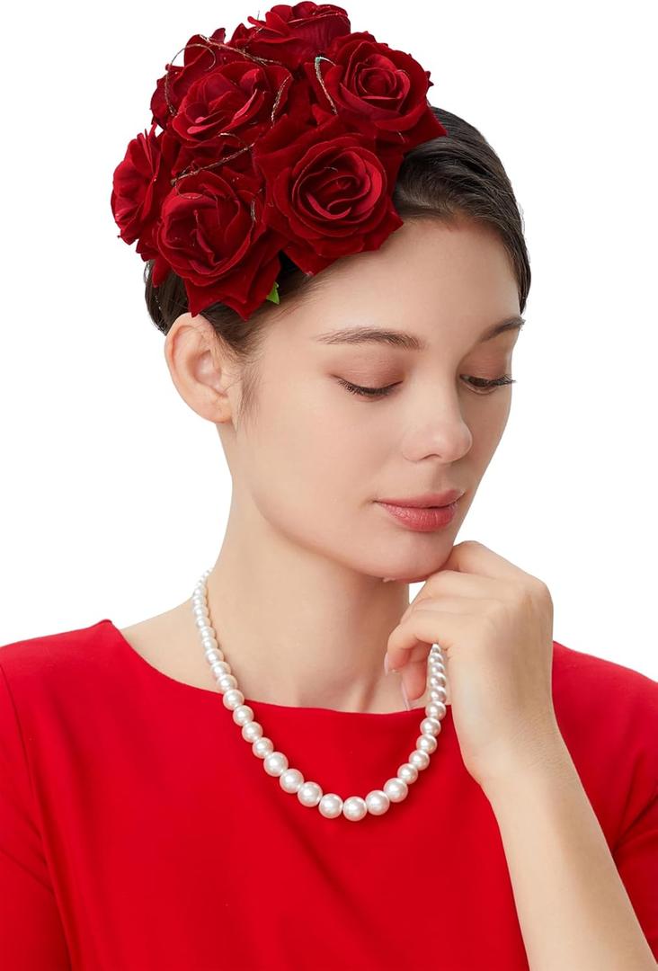 BABEYOND Floral Fascinators for Women Feather Fascinators Headband for Cocktail Tea Party (Red)