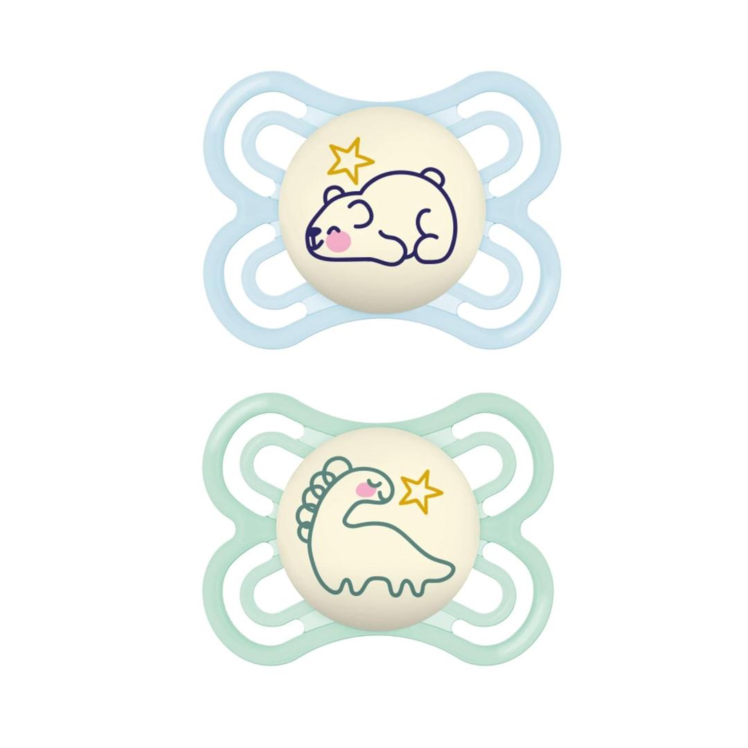 MAM Perfect Night Baby Pacifier, Patented Nipple, Glows in The Dark, 2 Pack, 0-6 Months, Boy (Pale Mint / Butter)