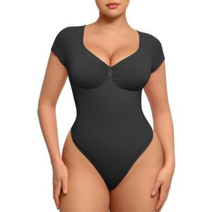 FeelinGirl Short Sleeve Bodysuit for Women V Neck Tummy Control Shapewear Seamless Thong Body Suits Tops (X-Small, Black)