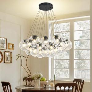 Modern Bubble Chandelier for Living Room 19-Light Globe Chandelier Lighting Glass Pendant Light for Dining Room Foyer Bedroom Entryway Black Clear Glass Globe Chandeliers