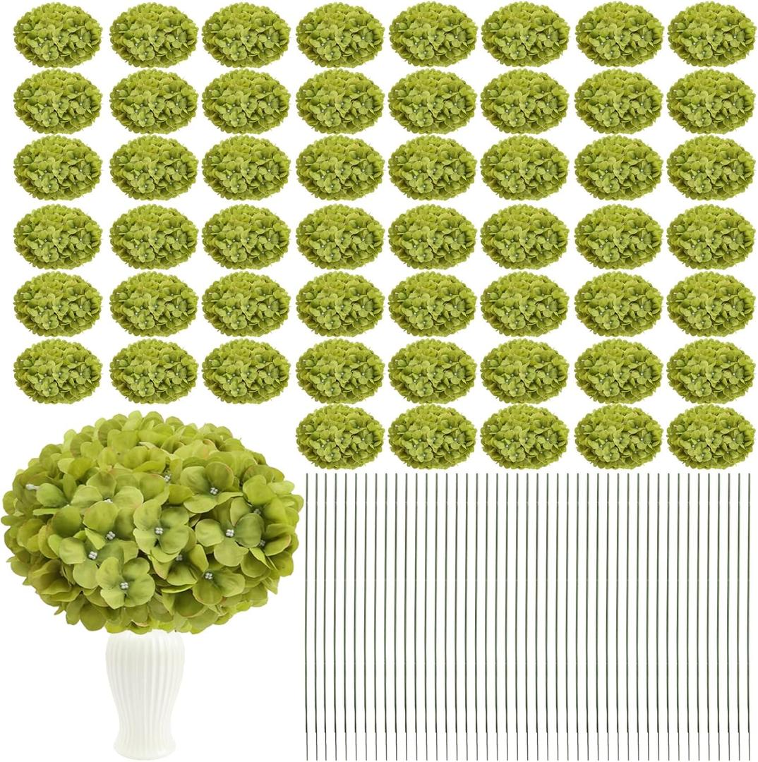 Nagobi 104 PCS Green Hydrangea Artificial Flowers Bulk  Faux Silk Hydrangeas Full Flowers Heads with Stems Lifelike for Wedding Centerpieces Garden Baby Shower Party Decoration