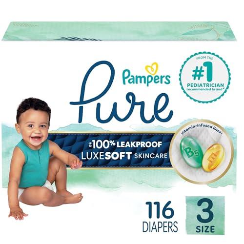 Pampers Pure Baby Diapers, Size 3 (16-28 lbs), 116, Up to 100% Leakproof, Premium Hypoallergenic Soft Diapers