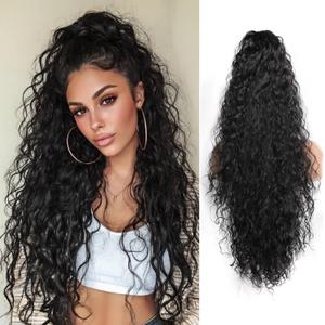 30 Inch Long Black Ponytail Extension for Women Curly Wavy Claw Clip in Pony Tails Hair Extensions Fluffy Synthetic Drawstring Hairpiece for Half Up Half Down Style Natural Faux Hair