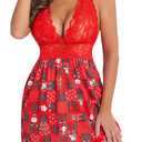 Avidlove Women Lingerie Lace Babydoll Strap Chemise Halter Teddy V Neck Mesh Nightgown Christmas Print XS (Red, XS)