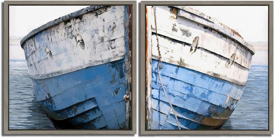 Nautical Decor Wall Art Old Wooden Ship Nautical Decor Wall Art Beach Artwork Rustic Style Pictures Navy Landscape Decor 16x16 inch Wooden Boat Blue Ocean Paintings for Bathroom Living Room Unframed