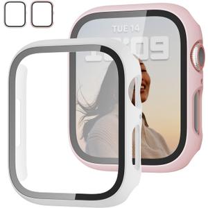 2 Pack Case with Tempered Glass Screen Protector for Apple Watch Series 6/5/4/SE 44mm,JZK Slim Guard Bumper Full Coverage Hard PC Protective Cover HD Ultra-Thin Cover for iWatch 44mm,Pink+White