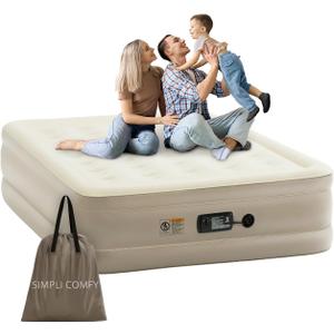 Simpli Comfy Inflatable 18 Queen Air Mattress with Built in Pump Self Inflating Blow Up Durable Heavy Duty Stay Firm Comfortable Air Bed Elevated for Home Guest Travel Relocate Camping