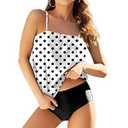 Chenghe Womens Swimsuits Bandeau Strapless Tankini Swim Tops Tummy Control Bathing Suits with High Waisted Bikini Bottom Set 2 Piece White Black Dot M