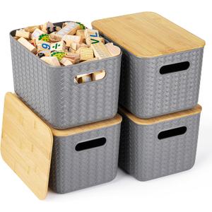 Ohmlove 4 Packs Storage Bins with Bamboo Lids - Plastic Storage Containers with Lids Stackable Storage BoxStorage Baskets for Organizing Desktop Closet Playroom Classroom Office,Gray