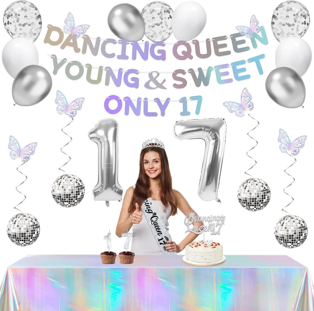 34pcs Dancing Queen Party Decorations 17,Dancing Queen Banner,Silver 17th Birthday Tiara and Sash,Balloons,Disco Hanging Swirls,Butterfly,Candles and Cake Topper,Tablecloth for 17 Birthday