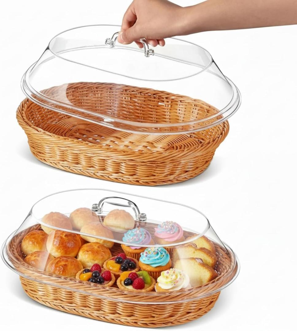 Hushee 2 Set Imitation Rattan Bread Basket with Lid Wicker Bread Baskets for Serving Woven Fruit Basket with Cover Oval Food Baskets for Food Vegetables Display(15.75 x 11.81 Inch)