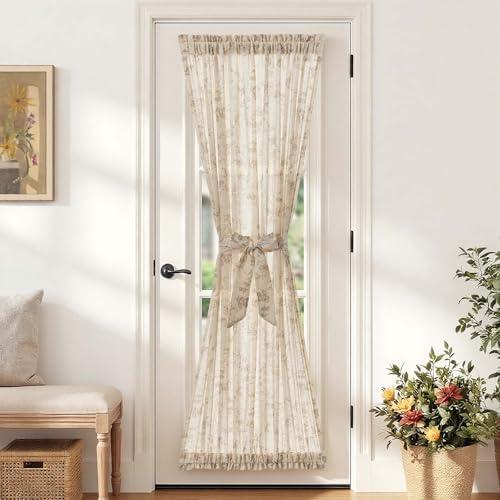 jinchan Floral French Door Curtain Panel Farmhouse Decor Light Filtering Linen with Tie Up Bow for Glass Door or Patio 72 Inch Length Rod Pocket 1 Panel Taupe on Linen