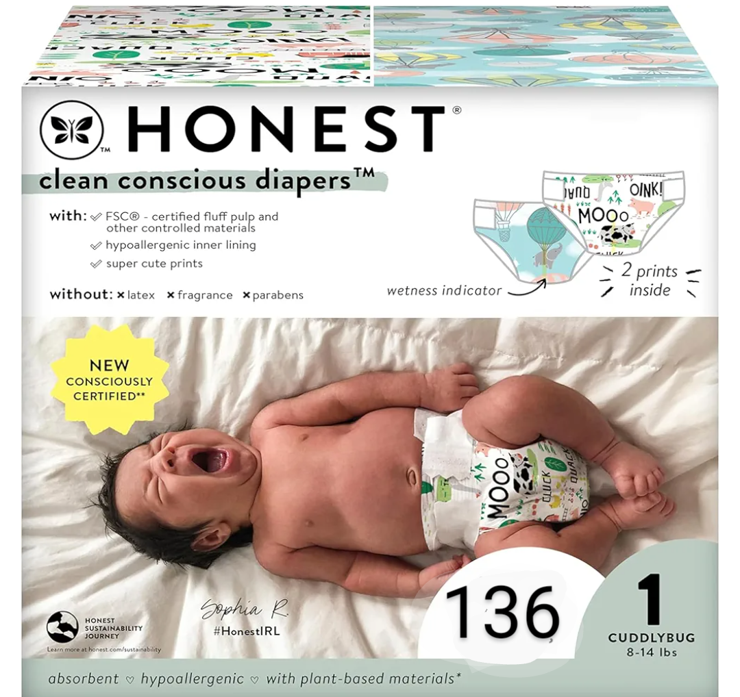 The Honest Company Clean Conscious Diapers for Sensitive Skin | Hypoallergenic, Fragrance Free | Gender Neutral Prints | Club Box, Size 1 (8-14 lbs), 136 Count