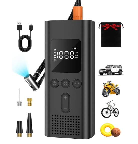 AIRSURE Tire Inflator Portable Air Compressor, 150 PSI Fast Inflation Cordless Air Pump with LED Light, Auto Shut-Off, Rechargeable Battery for Car, Motorcycle, Bike, and Sports Balls 