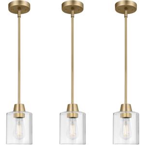3 Pack 1 Light Brass Pendant Lights Kitchen Island, Gold Modern Chandelier Clear Glass Shade, Adjustable Multiple Stems Rods Hanging Farmhouse E26 Socket Light for Dining Room Bedroom Bar