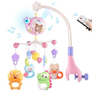 Crib Mobile with Music and Lights, Baby Mobiles for Cribs, Nursery Musical Mobile for Bassinets Toys Hanging Girls Boys, Pack and Play Space Portable Animal Mobile Hanger Arm Clip On Attachment (Pink)