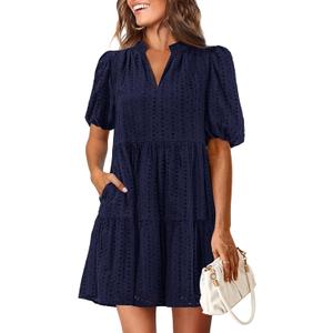 KIRUNDO Eyelet Summer Dresses for Women 2025 Mini Casual Hollow Out Short Sleeve Lace Tiered V Neck Shift Dress Pockets (Medium)