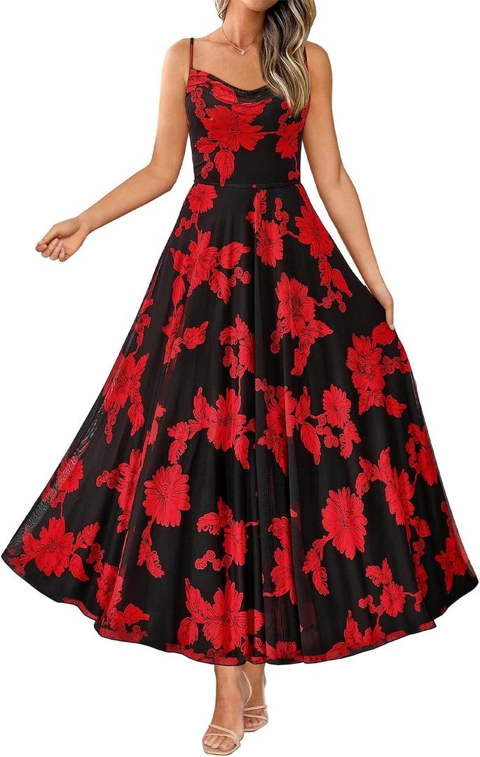 BTFBM Women Summer Floral Maxi Dresses Elegant Spaghetti Strap Dress Printed Party Dress Beach Long Dresses (Red, XL)