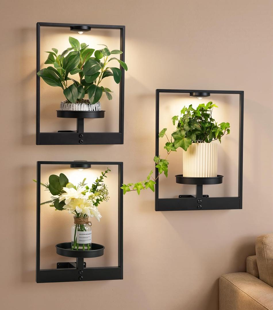 3 Pack Plant Stand with Lights Hanging Planters for Indoor Plants,Picture Frame Wall Plant Holder Metal Modern Style Floating Plant Rack for Living Room Window Balcony Garden Patio Bedroom Entryway