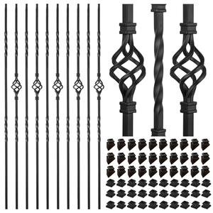 30 Pack Staircases Iron Balusters -1/ 2'' Square Hollow Metal Spindles with Single Basket and Double Twist Design, Includes 30 Flat Shoes & 30 Angle Shoes