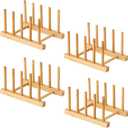 Yuixoseu 4 Pcs Bamboo Wooden Dish Rack, Plate Organizer for Cabinet Space Saver and Kitchen Counter, Bowl/Cup/Pot Lid/Cutting Board Drying Holder (4 Slots)