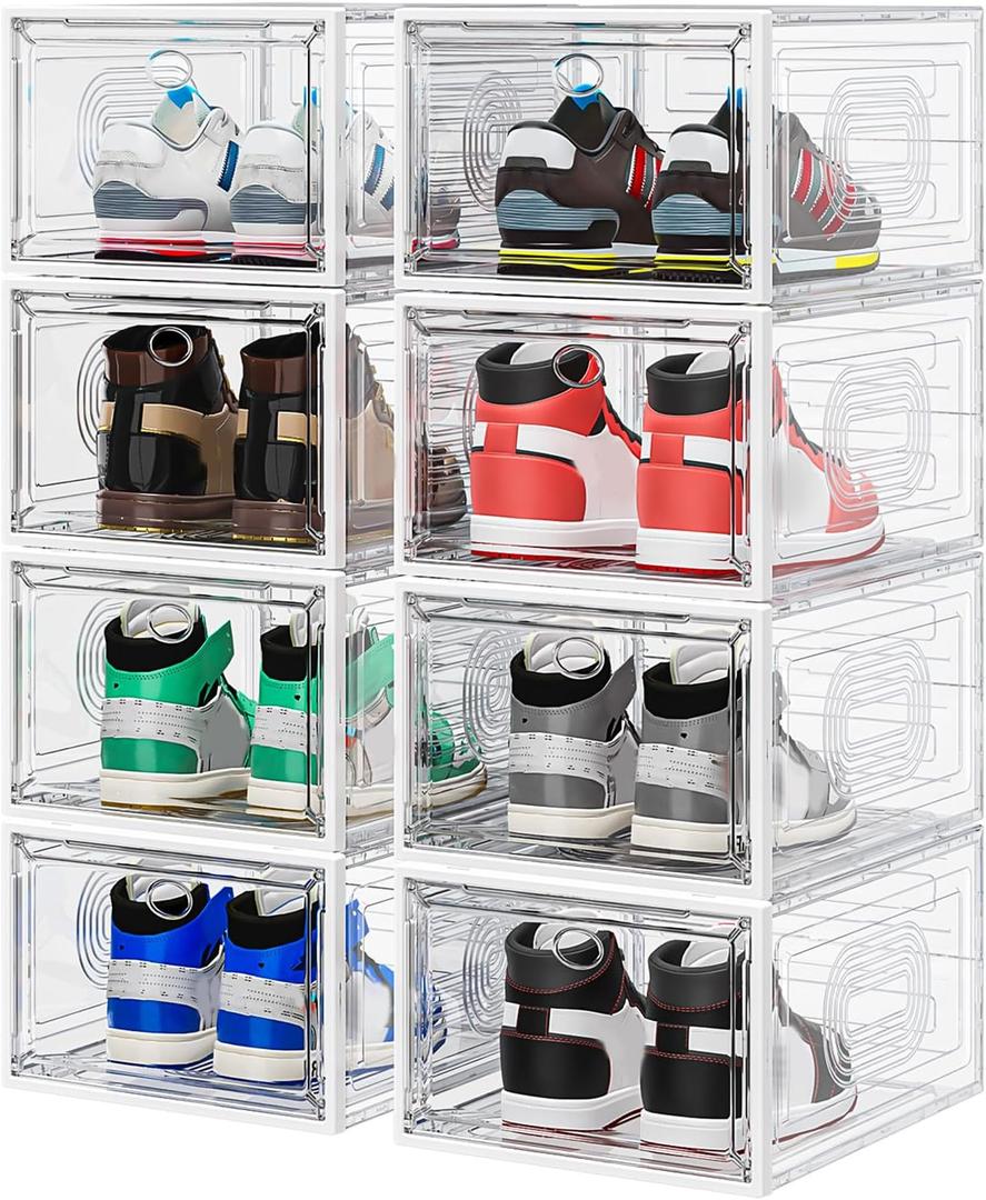 8 Pack Thicken & Clear Shoe Boxes Organizer with Magnetic Door, Stackable Storage Boxes for Shoes, Boot, Sneaker - Harder Plastic Shoe Storage Stackable Shoe Boxes for Closet Shoes Wall, White