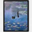 Gwindrise Framed Wall Art Painting: Black Cat in Water Lily Pond, 12x16-Inch, Monet Wall Art Vintage Prints, Cute Home Decor (Blue)