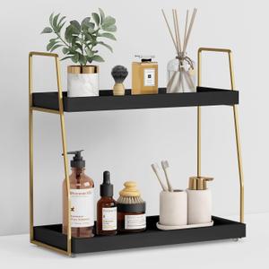 Forbena Black and Gold Bathroom Organizer Countertop, 2 Tier Counter Organizer for Bathroom Decor, Modern Sink Organizer Shelf for Vanity Storage, Organizer Tray for Makeup Bedroom