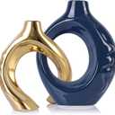 LCCCK Blue and Gold Ceramic Vases for Home Decor, Boho Vase for Flowers Pampas Grass Decorative, Navy Blue Hollow Donut Small Vase for Living Room Table Wedding Centerpiece Modern Vases, 6.7"L x 2"W x 8.6"H