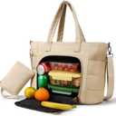 Dadanism Insulated Lunch Bag for Women, 15.6 Inch Quilted Lightweight Puffy Laptop Tote with Leakproof Cooler Compartment for Nurse Teacher Work Office and Outdoor, with Purse, Taupe