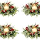 KHOYIME Christmas Candle Rings Wreath 8PCS Small Artificial Red Berry Pinecones Norfolk Pine Wreaths for Pillars, Mini Xmas Candle Holder Kitchen Cabinets Table Centerpieces Holiday Winter Decorations