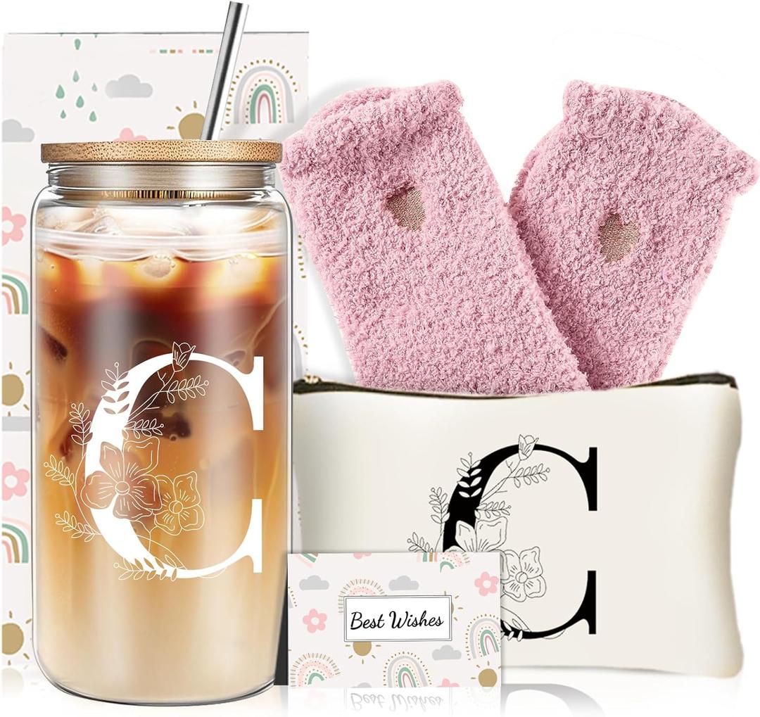 Unique Initial Glass Cup with Lids and Straws, Monogrammed Gifts Box Included Makeup Bag, Christmas Birthday Gifts for Women Mom Sister Grandma, C