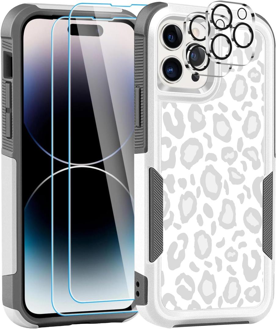 [5 in 1 for iPhone 14 Pro Max Case,with 2 Pack Screen Protector + 2 Pack Camera Lens Protector,Heavy-Duty Tough Rugged Lightweight Slim Shockproof Protective Case for Women,Cute White Leopard
