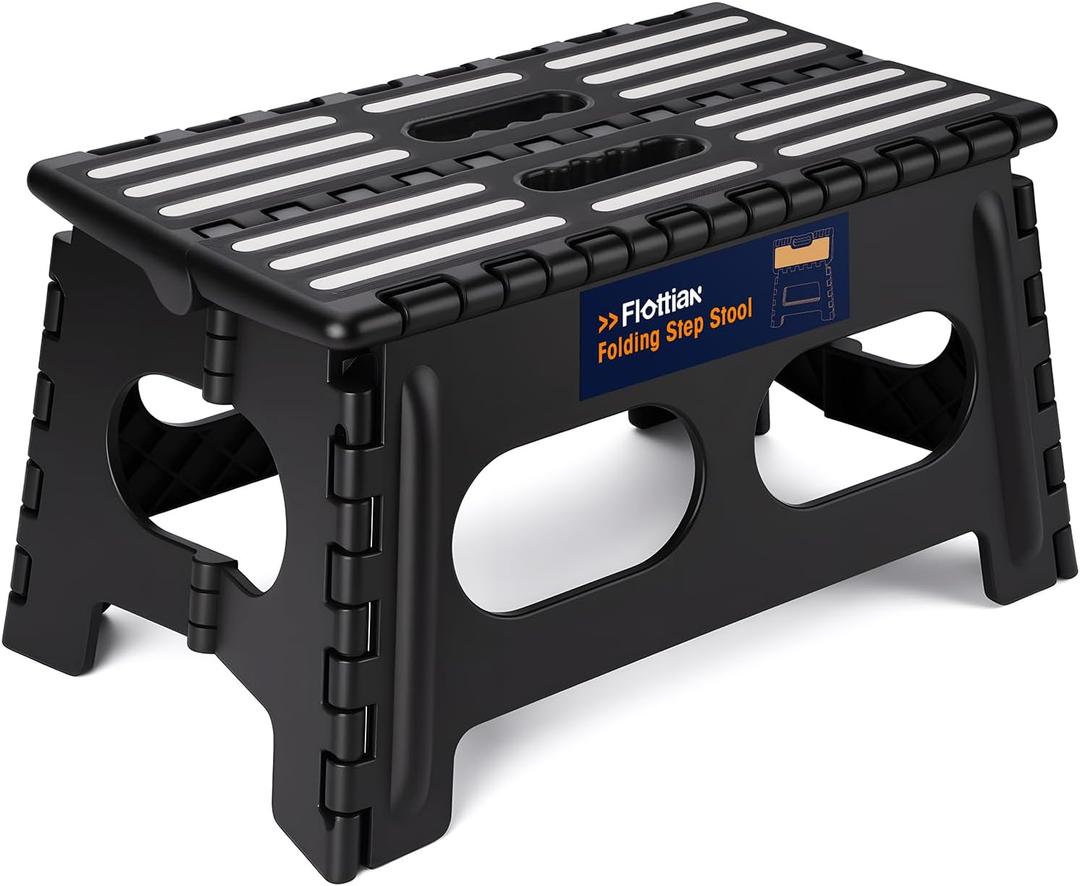 Flottian 9" Folding Step Stool for Adults and Kids 15-Inch Extra Wide Stool Holds Up to 300 lbs, Non-Slip Folding Stools with Handle, Compact Plastic Foldable Step Stool for Bathroom, Kitchen, ect, Black
