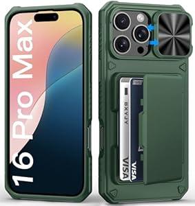 BXYJY for iPhone 16 Pro Max Wallet Case, Built-in Credit Card Holder (4-5 Cards), Slide Lens Cover, Military Protection, Rugged Heavy Duty Women Men Protective Phone Case for iPhone 16Pro Max, Green