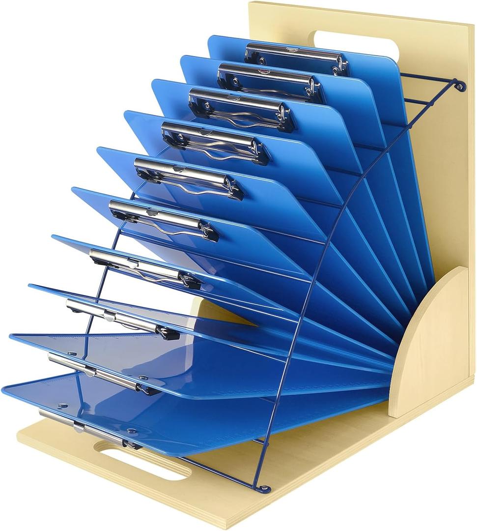 HUZU Desktop Clipboard Organizer Rack, Wooden and Metal Clipboard Holder, Clipboard Storage Stand for Classroom, Office, and Clinic, Assembly Required