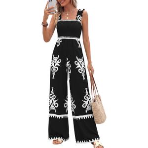 PRETTYGARDEN Womens Jumpsuit Casual One Piece Boho Summer Outfits Shirred Strap Wide Leg Long Pants Rompers With Pockets (Black White Flower, Large)