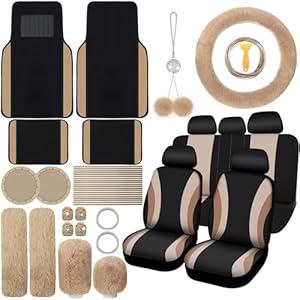 ROCEEI 47 Pcs Car Seat Cover Full Set Car Accessories for Front Rear Seat Fluffy Steering Wheel Cover Belt Automotive Floor Mats Air Conditioner Decoration Strip(Beige)