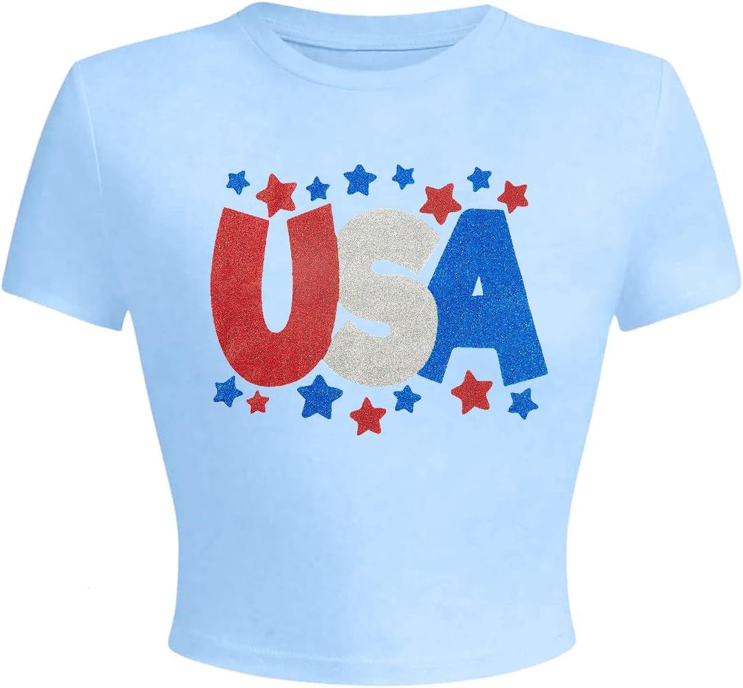 4th of July Shirts Crop Top Women Glitter USA Crop Top American Flag Shirt USA Stars Graphic Tshirt American Patriotic Tops, Large