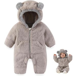 Newborn Baby Bear Outfit Suit With Fold-Over Mittens Footies Girls Boys Winter Fleece Clothes Hooded Romper Snowsuit (0-3 Months, Grey)