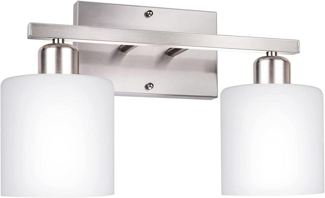 Bathroom Vanity Light Fixture Over Mirror with Brushed Nickel, Modern 2-Light Wall Sconces Lighting for Bedroom,Living Room,Decor White Glass Shades,E26 Standard Base,Bulbs Not Included
